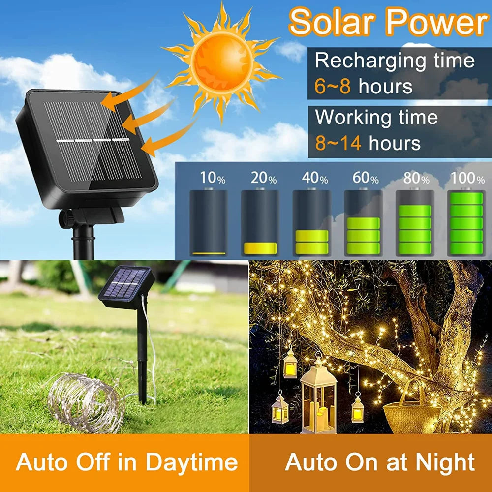 guirlandes lumineuses solaires étanches 300 led 8 modes fil cuivre - vue 6 sur 12