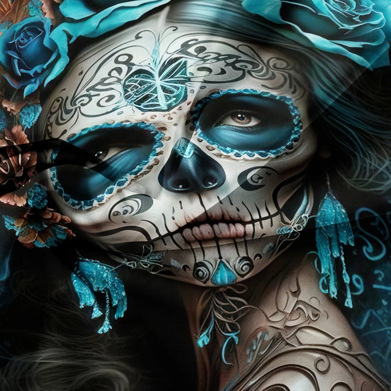 parure de lit florale et crânes de sucre mexicains