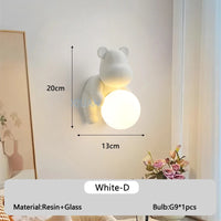 Chrome White Pink Bear Lights Art Design Bedroom Bedside Wall Lamps Resin Animal Glass Sconces Living Room Decorative Wall Light