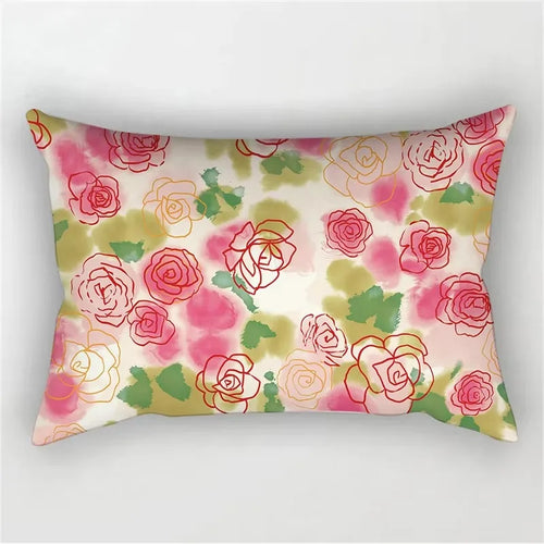 housse de coussin décorative à motif fleurs rouges et arc-en-ciel