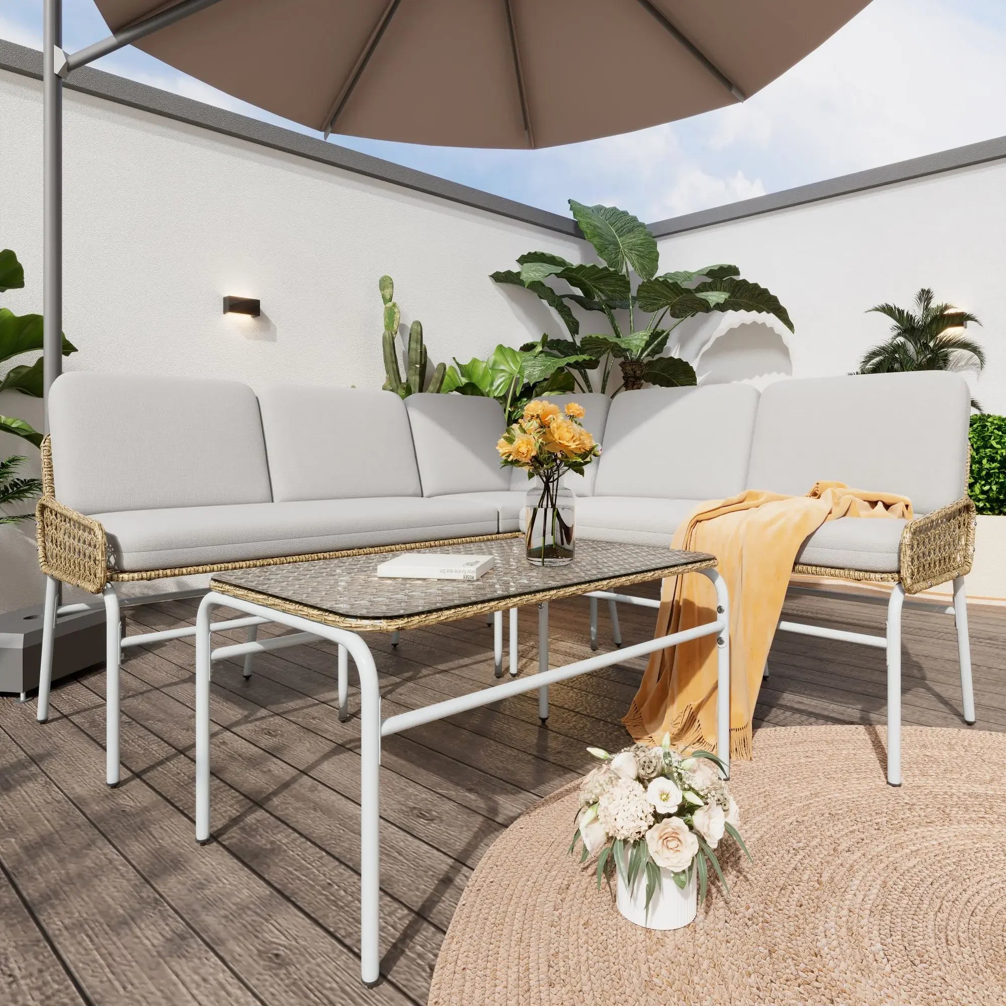 Poly rattan set, garden set, sofa lounge for 4-5 people, corner sofa, tempered glass, table & pads, apricot Gray, natural - vue 3 sur 6