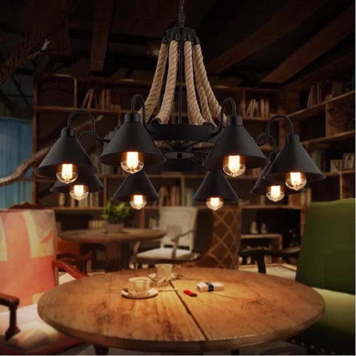 Vintage hemp rope and iron pendant light industrial style - vue 5 sur 12