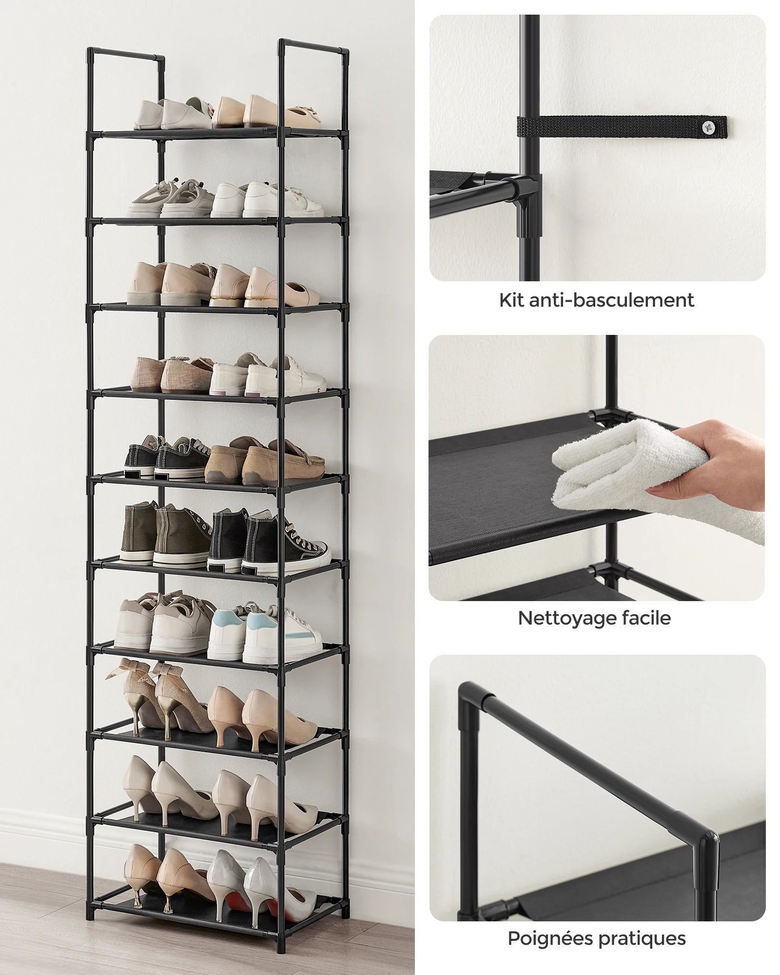 SONGMICS Shoe Rack, 10 Tiers, Narrow Shoe Rack, 28 x 45 x 173 cm, Metal Frame, Non-Woven Fabric Shelves, Hallway, Bedroom - vue 5 sur 7