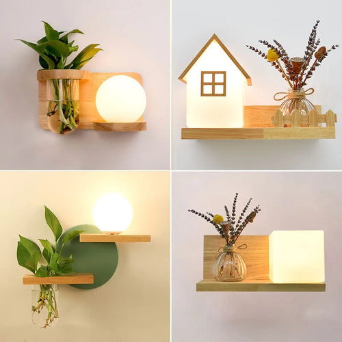 applique murale led en bois avec pot de plante nordique
