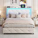 Upholstered Bed with LED Light, Charging Function, Air Pressure Metal Frame and Wooden Slatted Frame, PU, Without Mattress