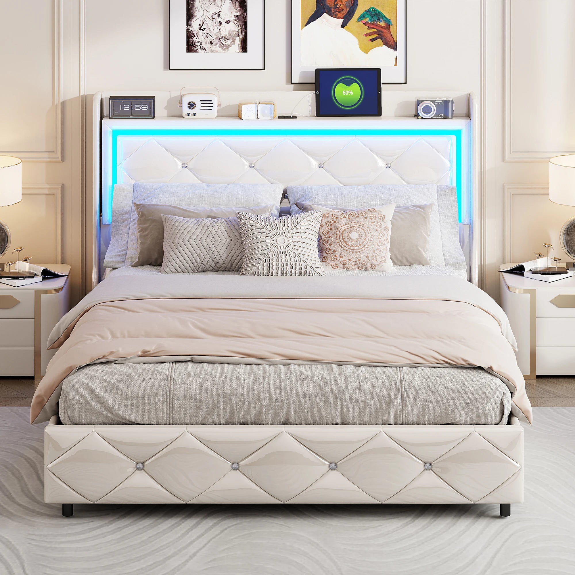 Upholstered Bed with LED Light, Charging Function, Air Pressure Metal Frame and Wooden Slatted Frame, PU, Without Mattress - vue 5 sur 6
