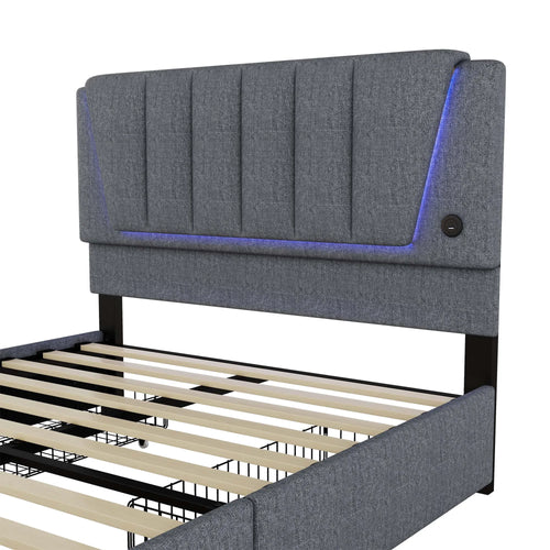 Upholstery bed, 140x200cm, bed with slatted frame (without mattress), remote control room light, bed with four drawers, adjustable - vue 4 sur 5