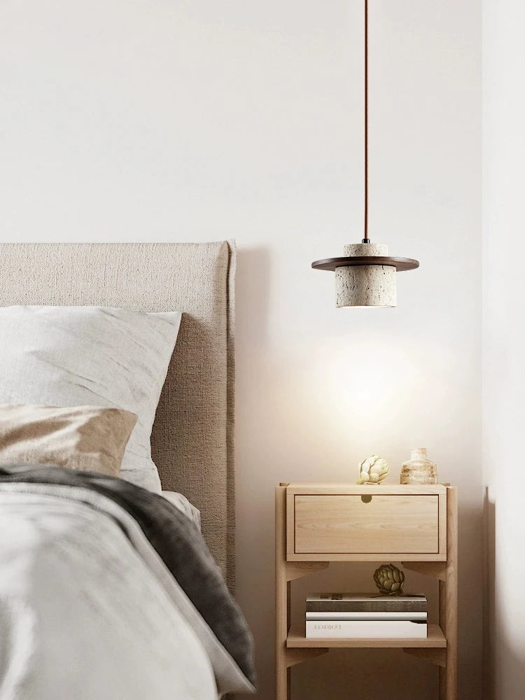 Suspension style japonais led vintage en pierre et bois - vue 6 sur 7