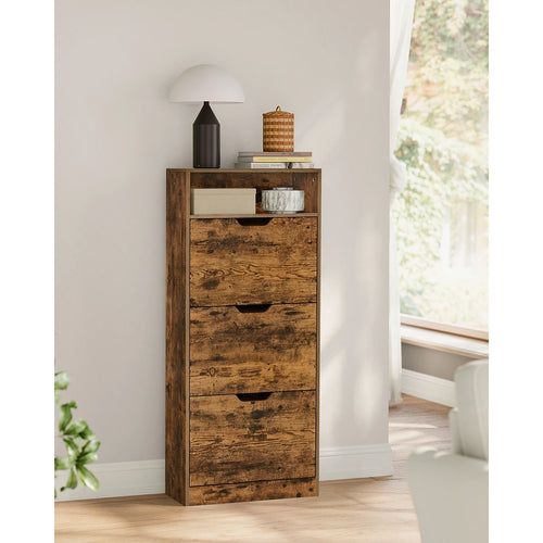 Shoe Cabinet with 3 Hinged Doors, Open Compartment, Adjustable Divider, 14 to 18 Pairs, 24 x 60 x 139 cm, Brown - vue 3 sur 8