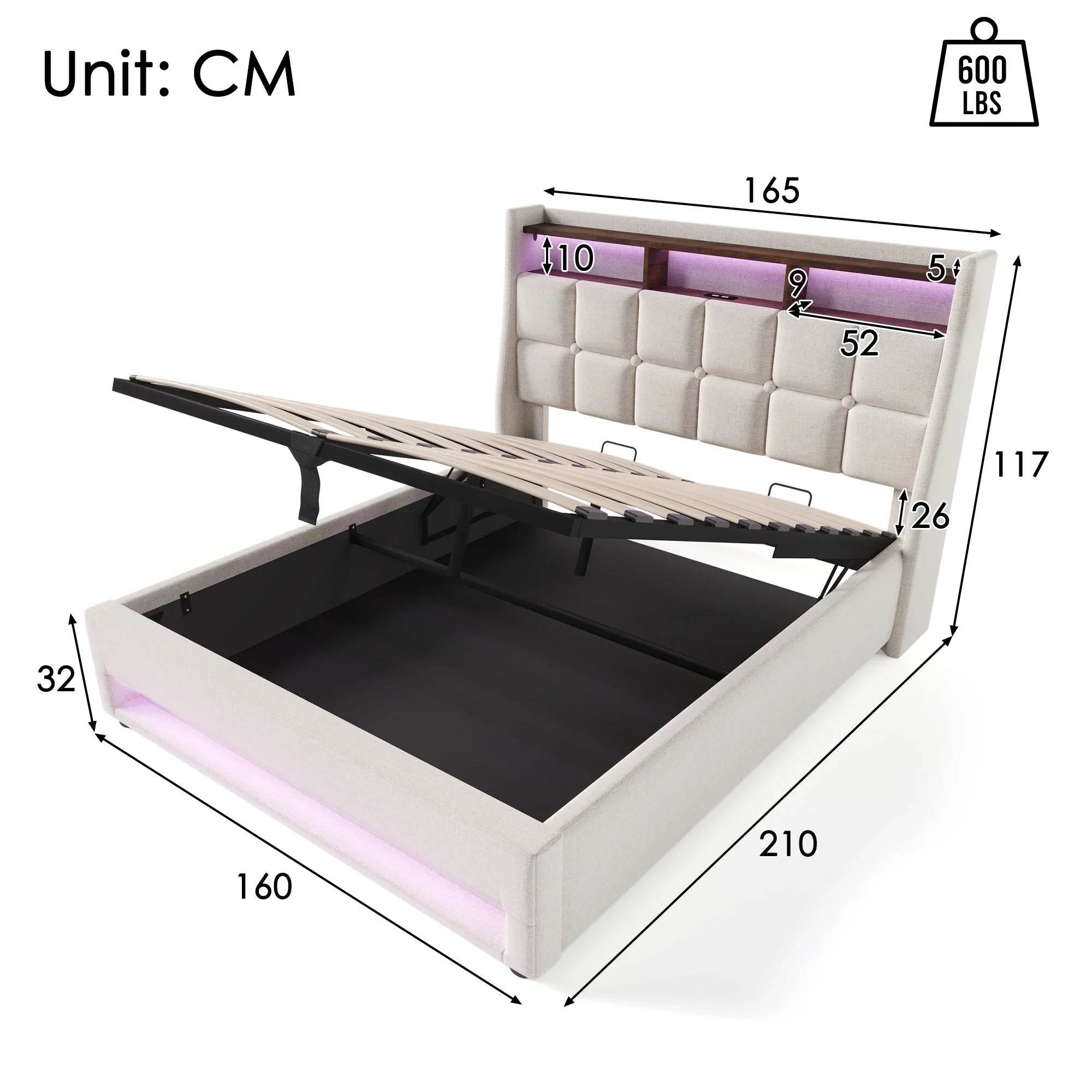 VSOGA Upholstered Bed with USB, 90/140/160/180 x 200 cm, LED Double Bed, Metal Slatted Frame, Linen  (Mattress Not Included)