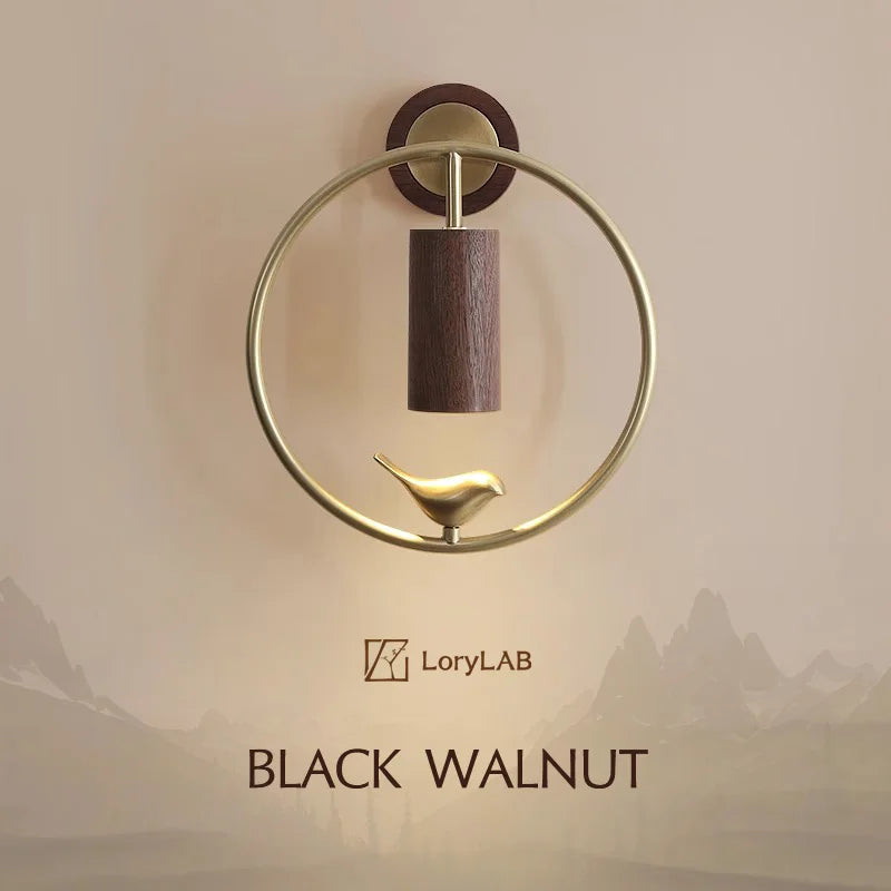 Walnut Wood Circle Brass bird, Wabi-sabi Modern style, Wall Sconce light for Bedroom, Bedside, Living, Recreation, Study - vue 2 sur 8