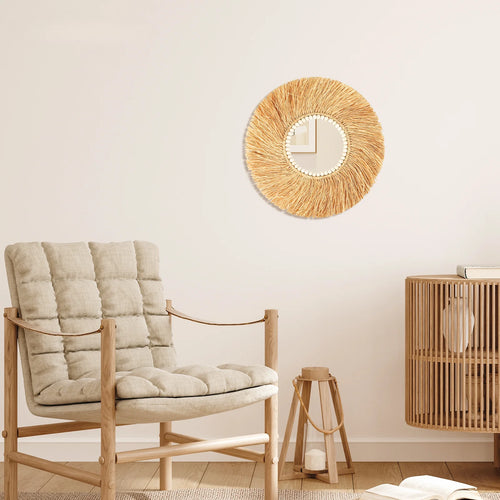 miroir décoratif en perles de bois et bambou fait à la main