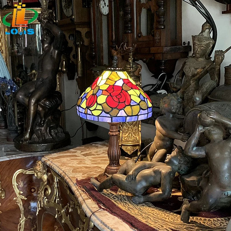 lampe de chevet style tiffany avec fleurs rouges émaillées antique - vue 4 sur 6