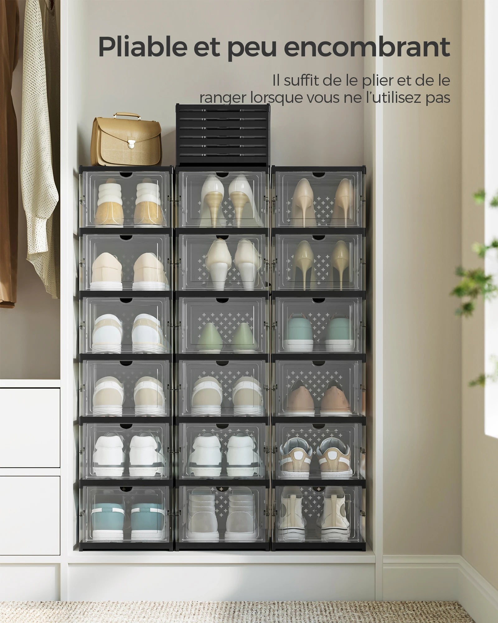 SONGMICS Shoe Boxes, Pack of 18 Stackable Shoe Storage Organizer, Set of 3 Integrated Shoe Cabinets, Foldable and Portable