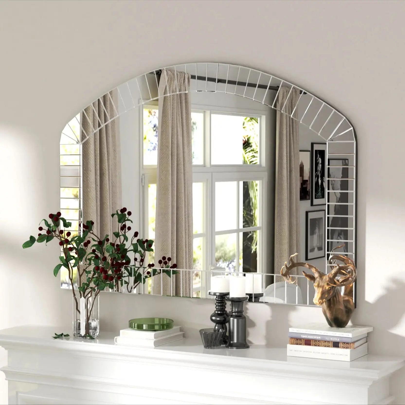 Large Silver Arched Wall Mirror, Silver Glass, Decorative Venetian Accent Mirror, Home Living Room Decor, Bling Beveled Edge - vue 3 sur 7