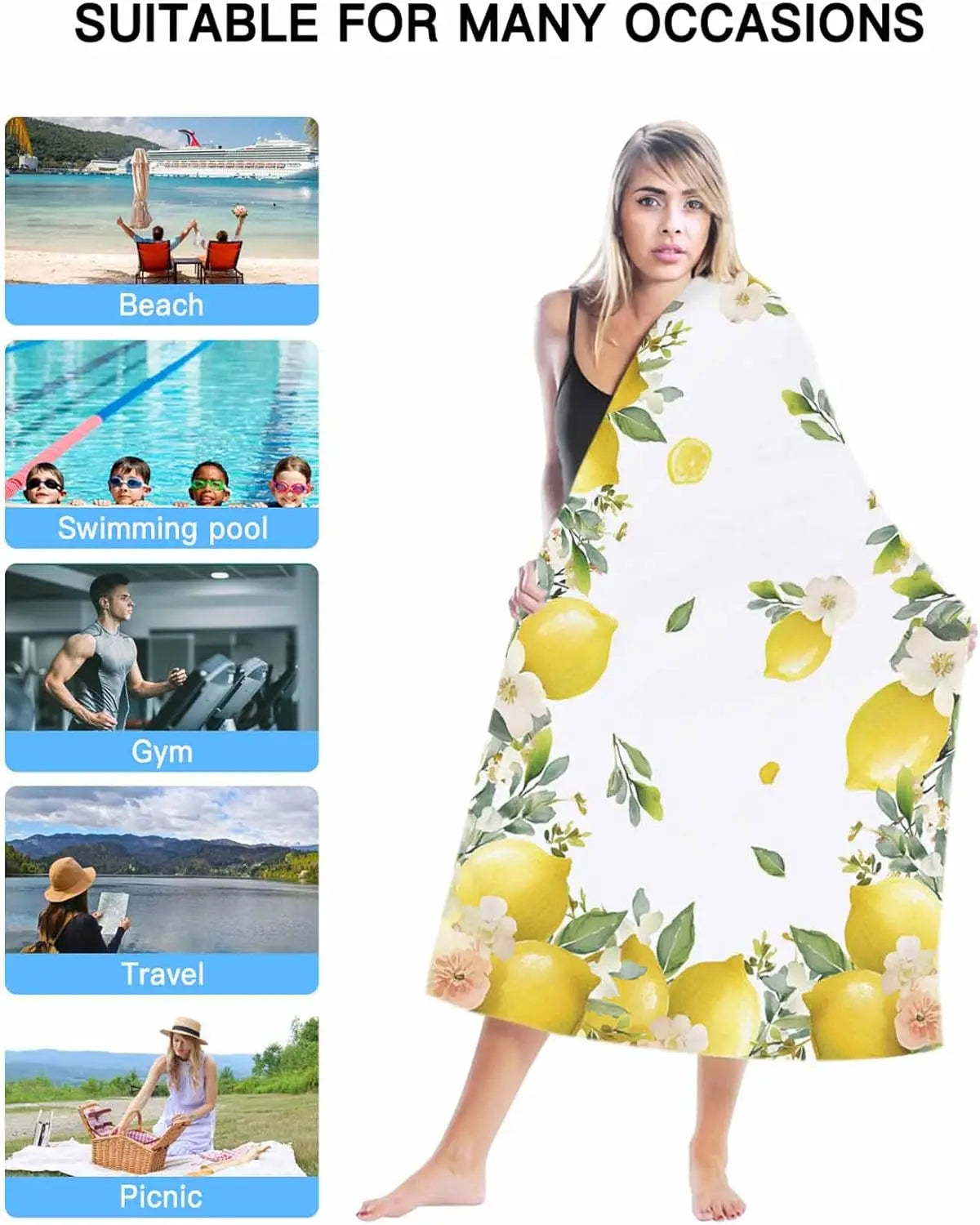 Serviette de bain microfibre motif citron floral plage