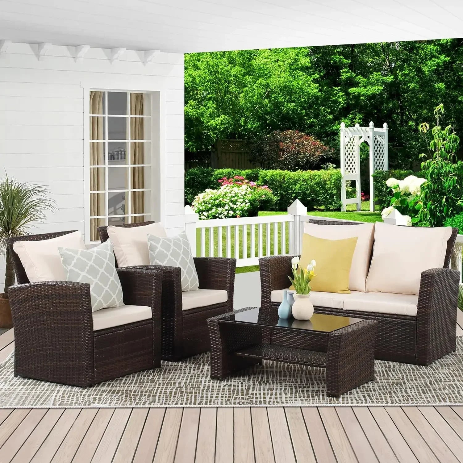 Wisteria Lane 4 Piece Outdoor Patio Furniture Set, Porch Deck Wicker Conversation Set, Grey Rattan Sofa Chair with Back Cushions - vue 9 sur 9