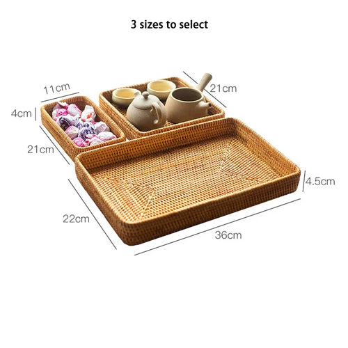 Handwoven Rattan Storage Basket Square Wicker Tray Picnic Basket Bread Food Plate Fruit Cake, Sundries Box, Home Desk Decoration - vue 7 sur 9