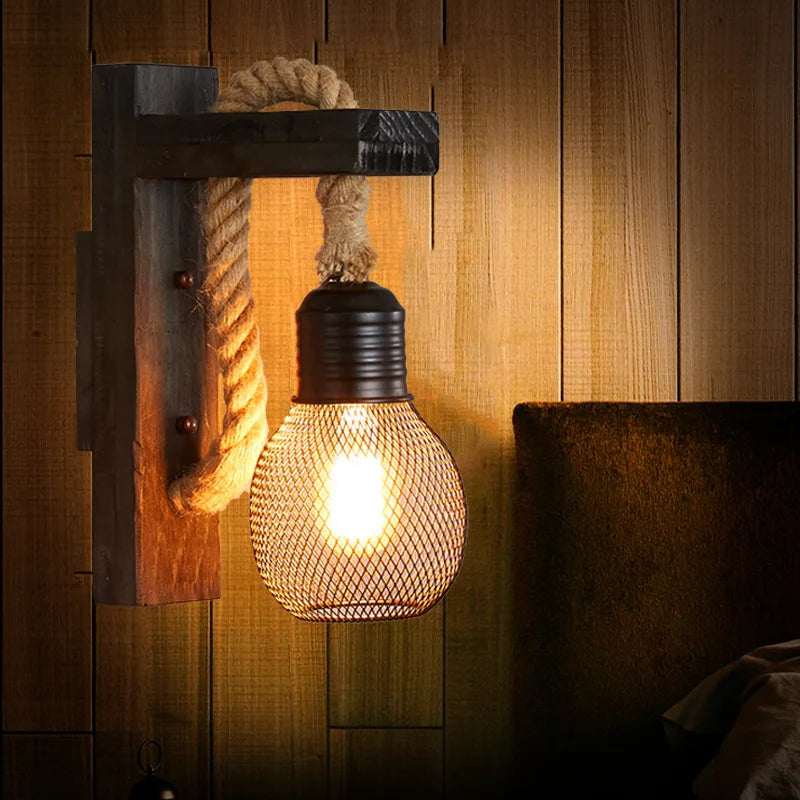 Vintage industrial wooden wall light with hemp rope - vue 8 sur 17
