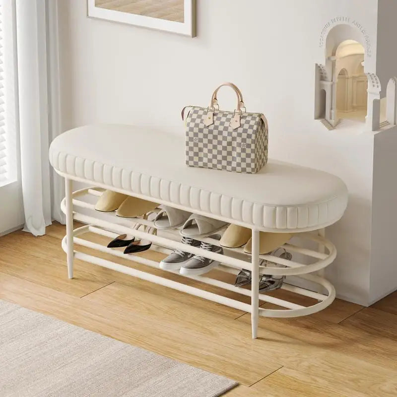 tabouret à chaussures pouf ottoman souple en cuir flanelle et coussin - vue 3 sur 18