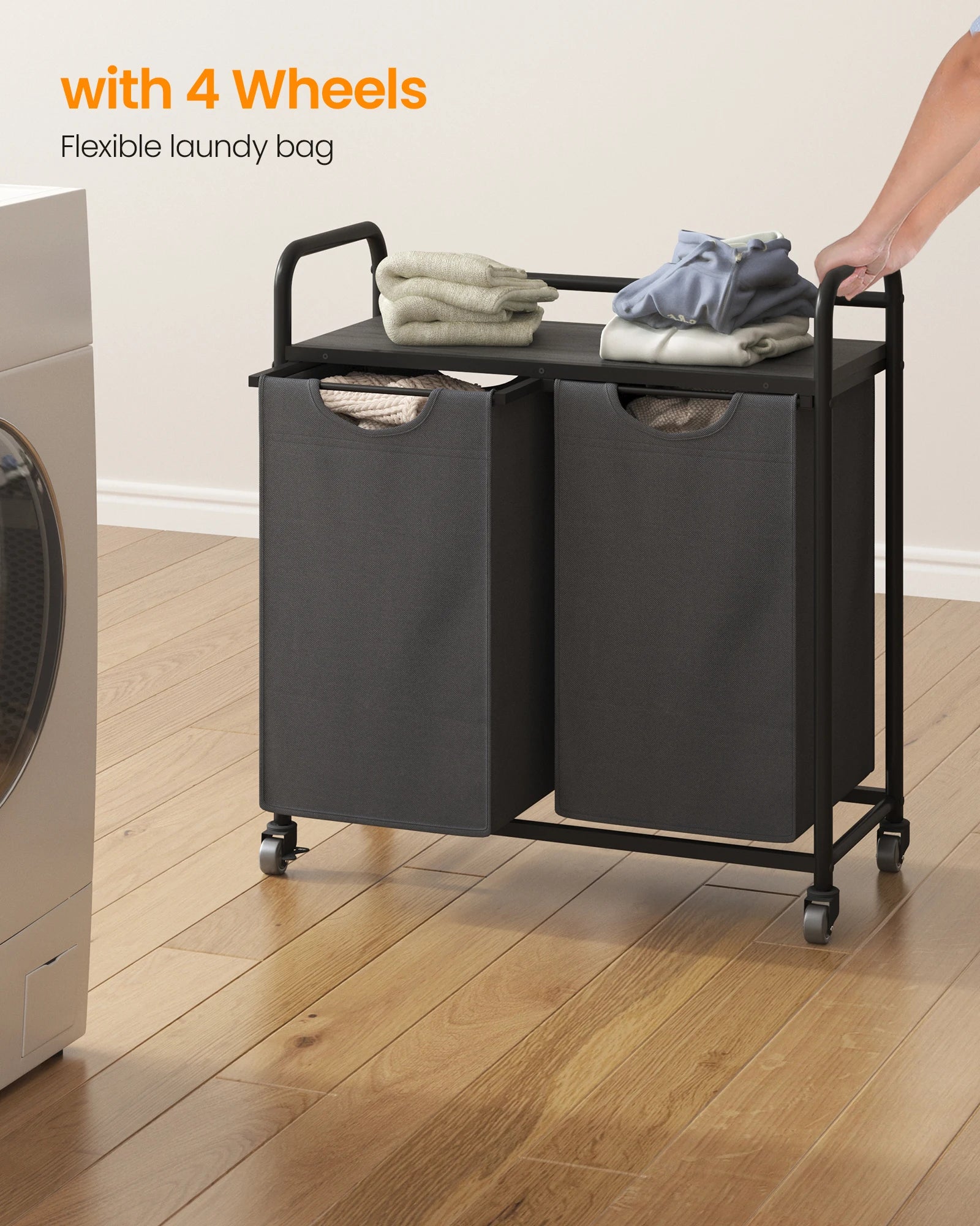 Laundry Basket, 2 Compartments, 2 x 46L, Laundry Hamper with 1 Shelf, Laundry Sorter, Laundry Bag, Extendable and Removable, Per - vue 3 sur 9