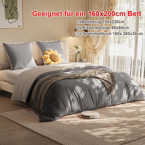 Bed Linen160x200cm 4-Piece Bedding Sets,1 Duvet Cover 155x220cm&2 Pillowcase 80x80cm&1 Fitted Sheet 160x200x30cm,Polyester,grey - vue 2 sur 7