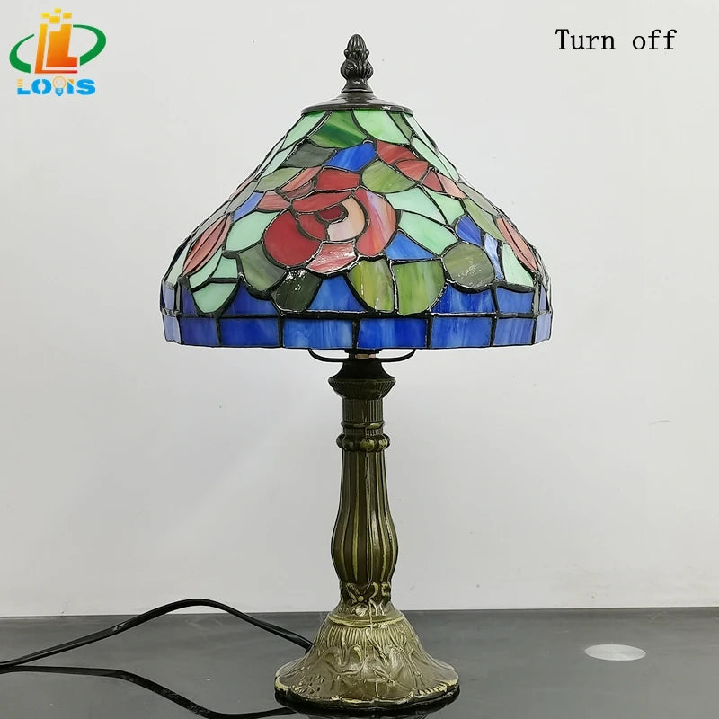 lampe de chevet style tiffany avec fleurs rouges émaillées antique - vue 5 sur 6