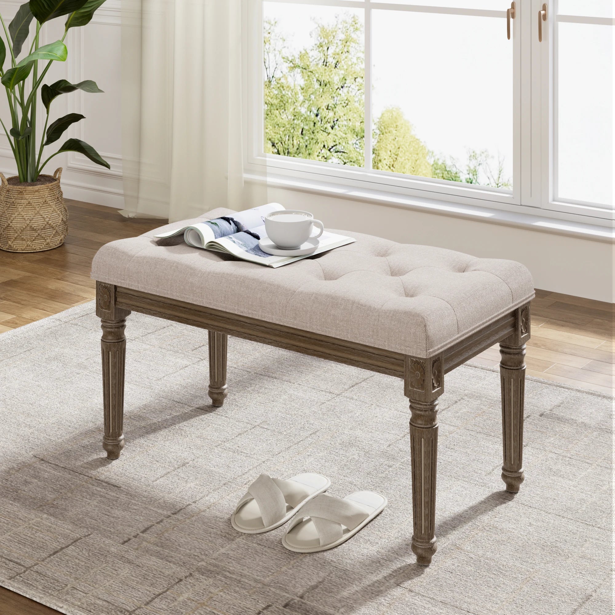Beige Upholstered Bench Entryway Bedroom Dining Bench Wood Vanity Piano Shoe Bench,Ottoman Bench for Living Room Kitchen Hallway