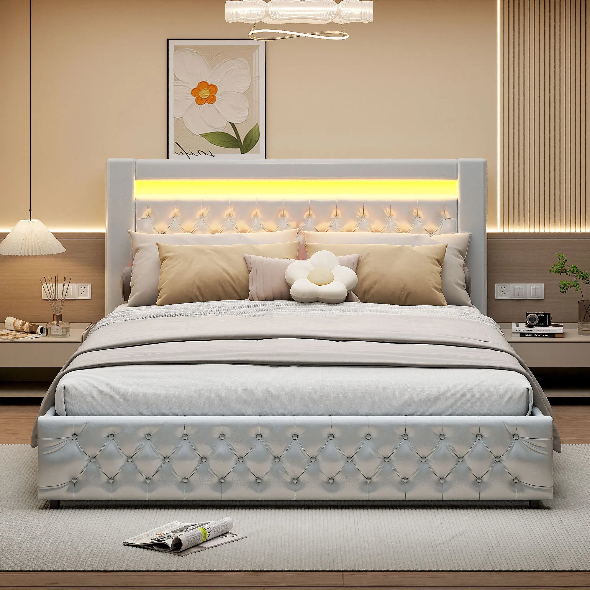 Upholstered Bed, Double Bed, PU Bedside Lamp, Hydraulic Functional Storage Bed, Headboard and Slatted Base, Padded Backrest - vue 3 sur 9