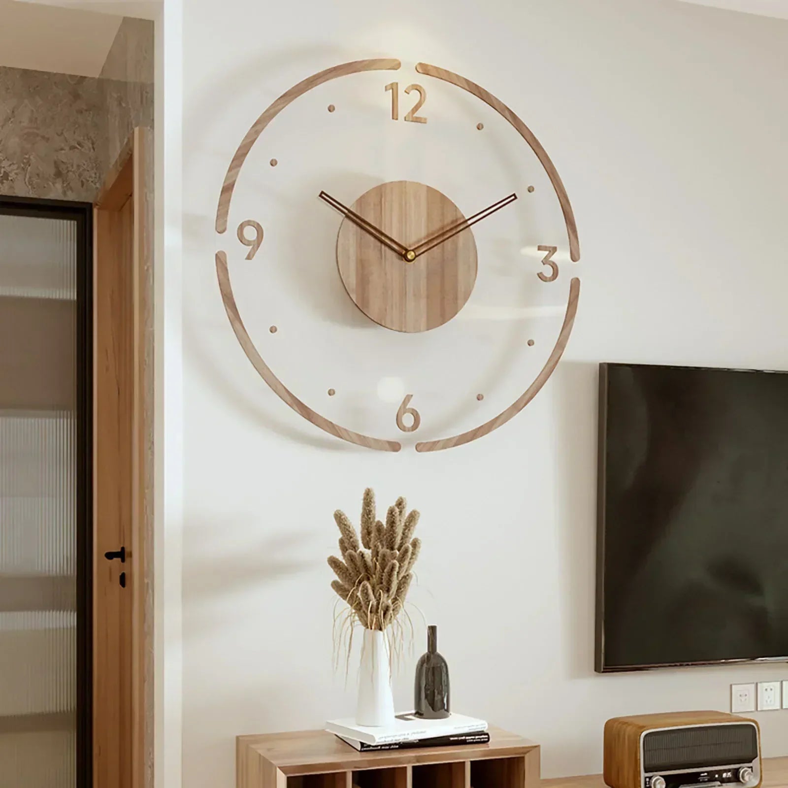 horloge murale silencieuse en bois massif design nordique créatif - vue 4 sur 12