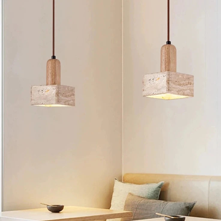 Lampe suspension LED carré en pierre lustre chambre chevet Style crème en bois massif rétro lumière E27 ampoule pour salon maison Bar - vue 4 sur 7