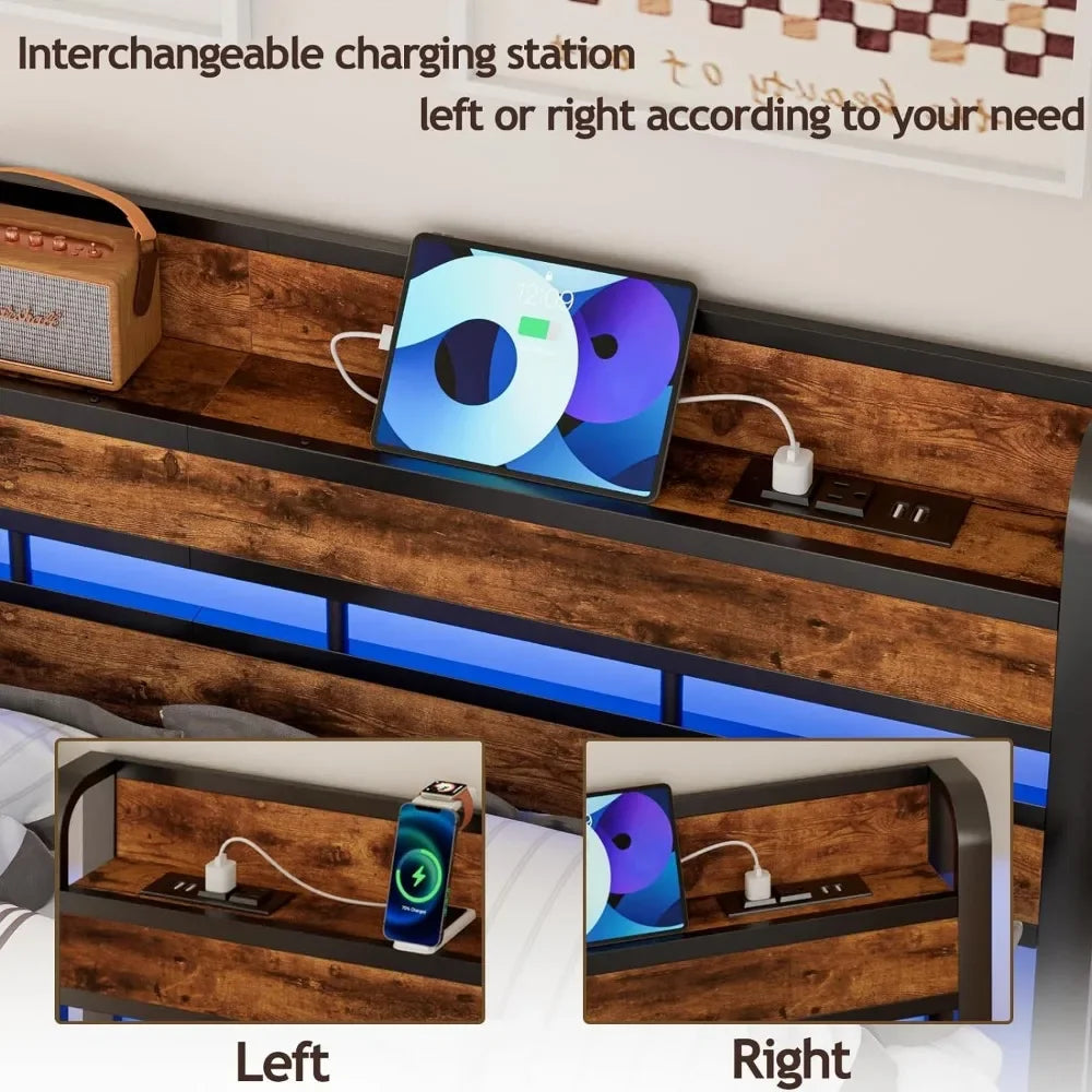 Queen Size Headboard with Storage Shelf and LED Light, USB Port and Charging Station, Sturdy Metal Frame & Wood Shelf - vue 4 sur 6