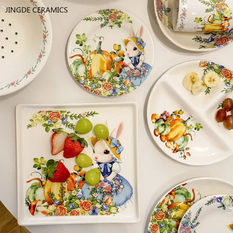 Assiette céramique motif citrouille et lapin style jardin