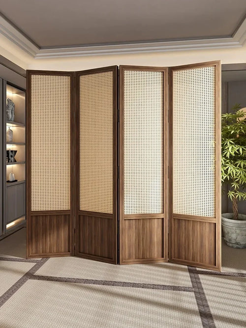 Chinese style rattan folding screen, mobile partition, living room covering, household bedroom, homestay - vue 5 sur 6