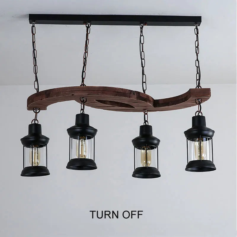 lustre industriel rétro 4 têtes en bois et fer pour café bar loft - vue 5 sur 7