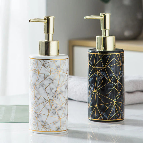 1pc Marble Pattern Ceramic Soap Dispenser,10.14oz Press Type Lotion Dispenser, Refillable Empty Bottle For Shampoo Shower Gel, B - vue 3 sur 8