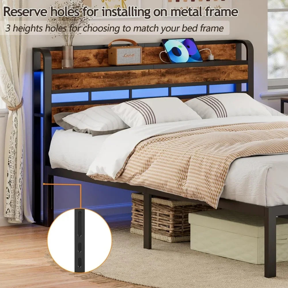 Queen Size Headboard with Storage Shelf and LED Light, USB Port and Charging Station, Sturdy Metal Frame & Wood Shelf - vue 3 sur 6