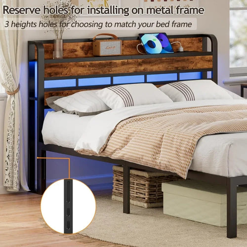 Queen Size Headboard with Storage Shelf and LED Light, USB Port and Charging Station, Sturdy Metal Frame & Wood Shelf - vue 4 sur 6