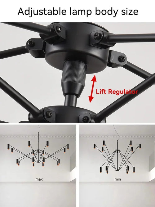 Modern minimalist indoor home lighting hanging design, living room, dining room, attic, black chandelier, room decoration - vue 7 sur 8