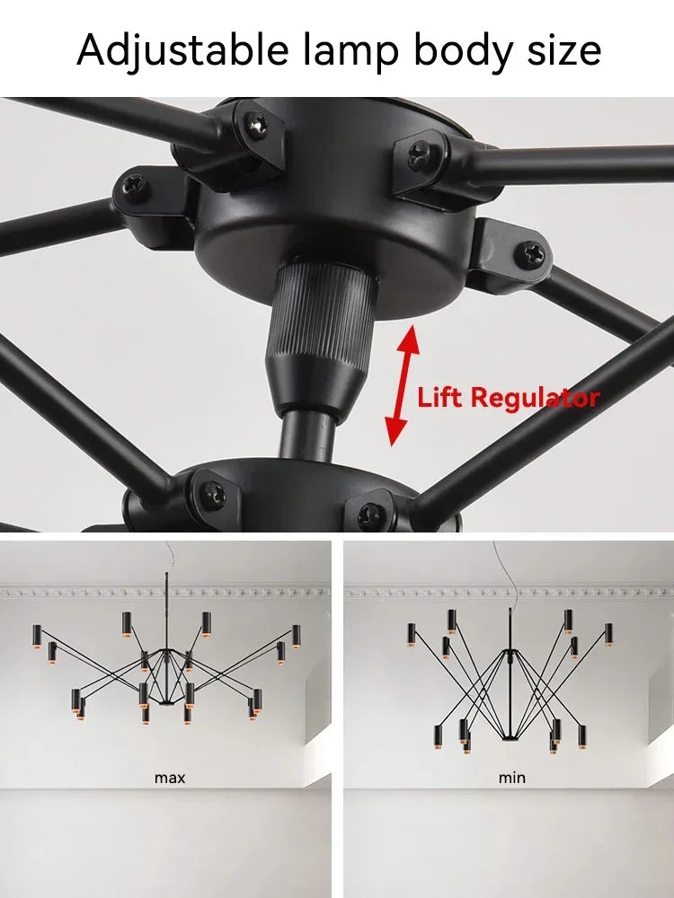 Modern minimalist indoor home lighting hanging design, living room, dining room, attic, black chandelier, room decoration - vue 6 sur 8