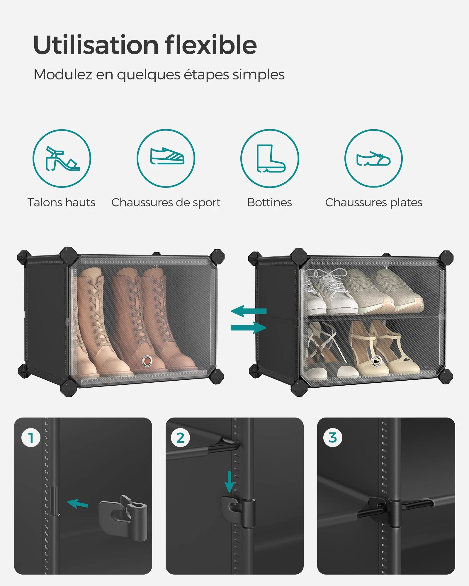 SONGMICS 6-Compartment Shoe Rack, Modular Storage Shelf, 30 x 40 x 30 cm Compartment, with Door - vue 6 sur 8