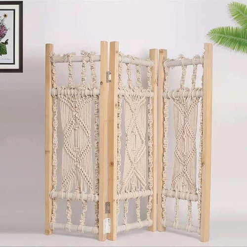 paravent bohème en bois massif tissé main décorations japonaises et coréennes - vue 2 sur 6