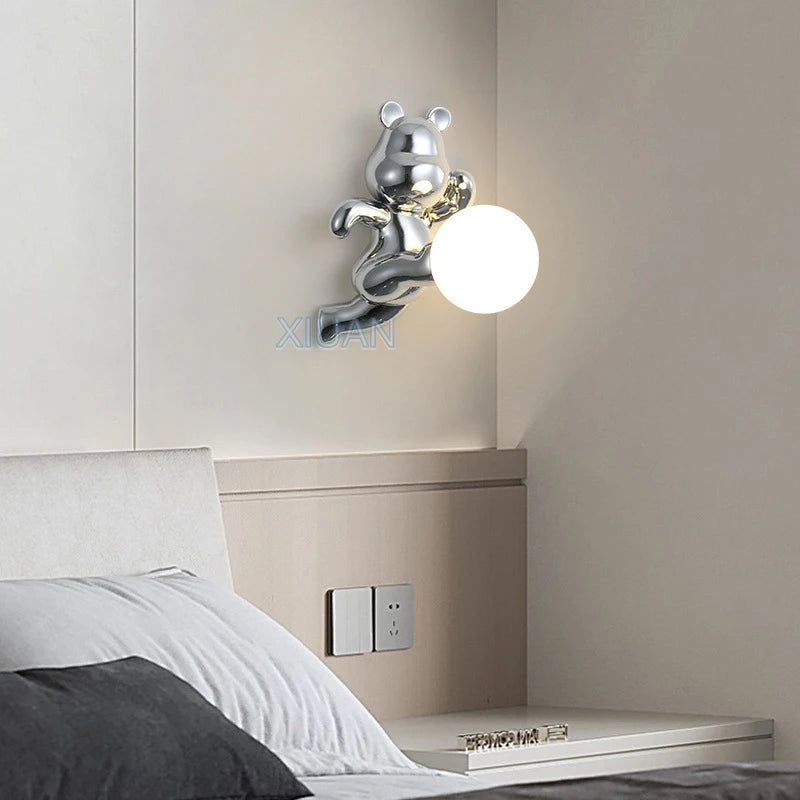 Chrome White Pink Bear Lights Art Design Bedroom Bedside Wall Lamps Resin Animal Glass Sconces Living Room Decorative Wall Light - vue 6 sur 18
