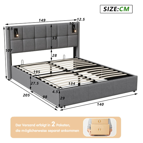 Single and Double Bed with Slatted Frame, Hydraulic Upholstered Storage Bed, Headboard with 2 Reading Light and USB Port, Velvet - vue 9 sur 8