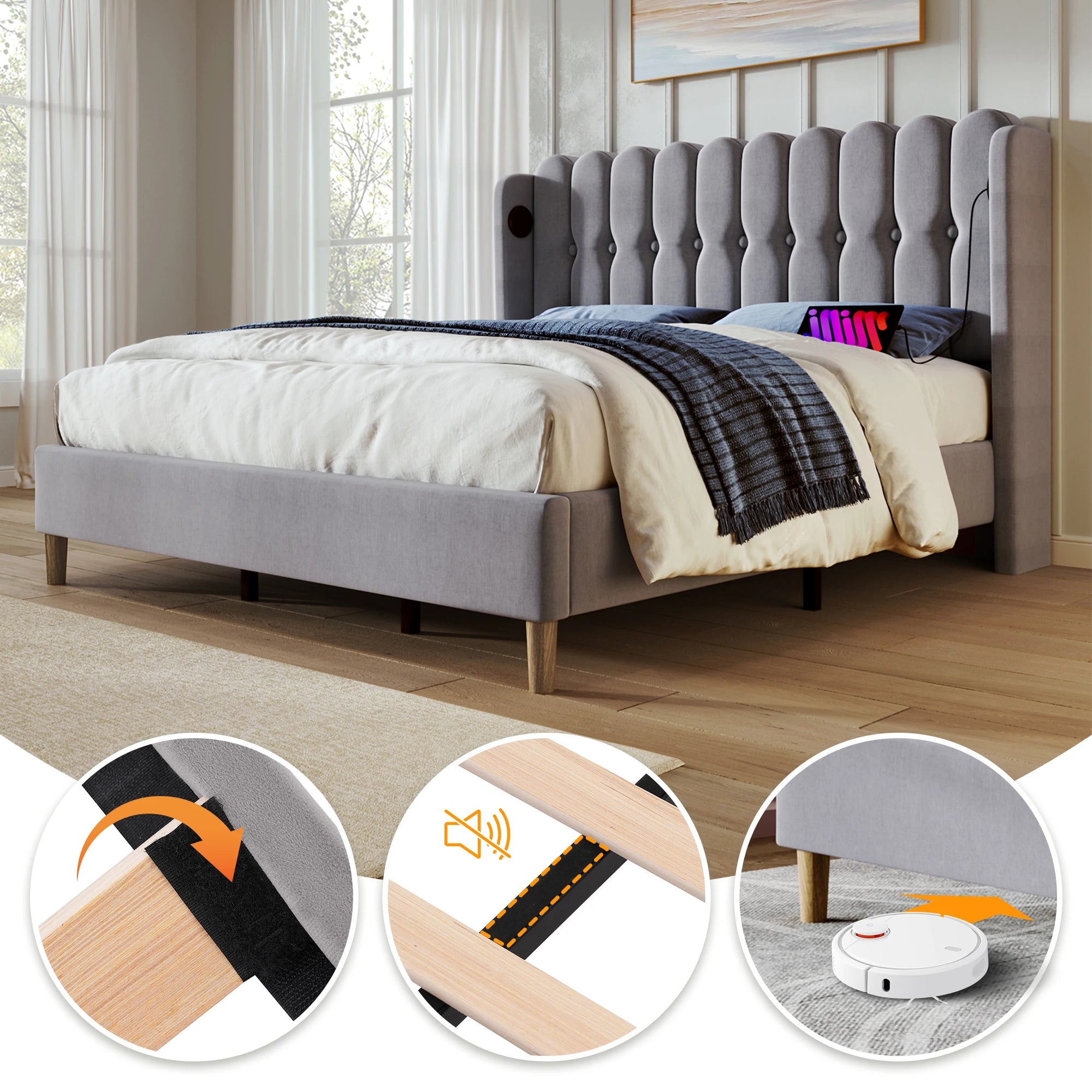 Cushion Bed Double with USB Type C Charging, Slatted Frame, Upholstered, Gray, 160x200 cm, Youth/Guest Room, Linen