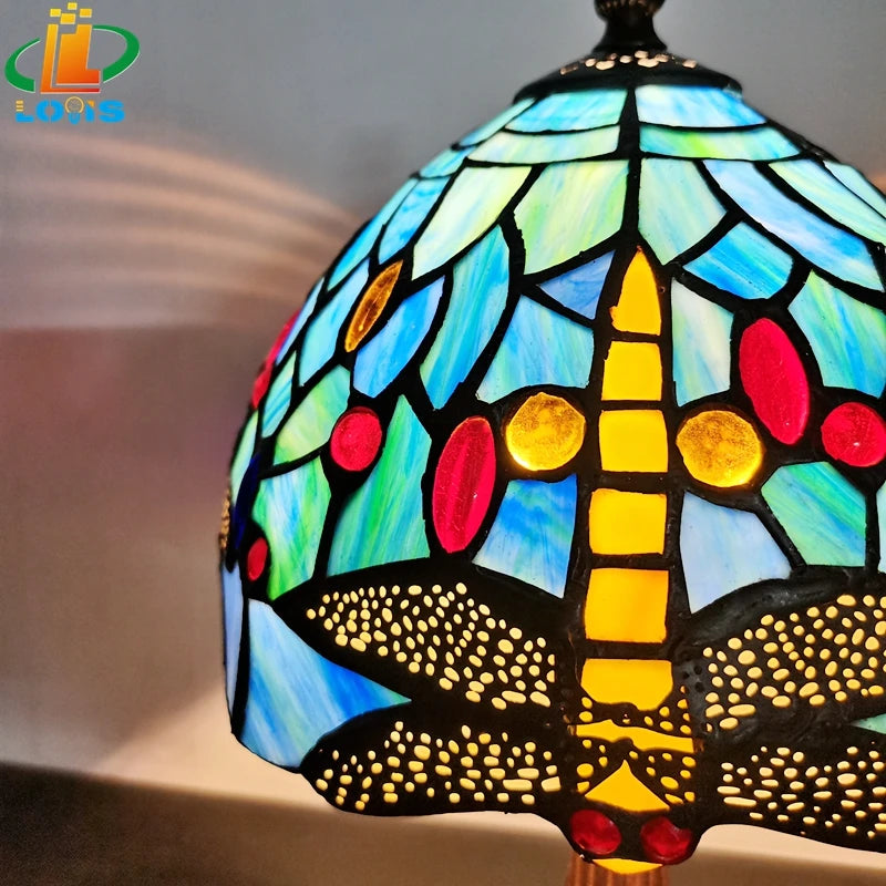 lampe de chevet libellule bleue style européen décoration antique - vue 7 sur 8