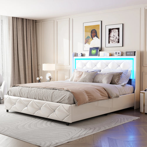 Upholstered Bed with LED Light, Charging Function, Air Pressure Metal Frame and Wooden Slatted Frame, PU, Without Mattress - vue 5 sur 6