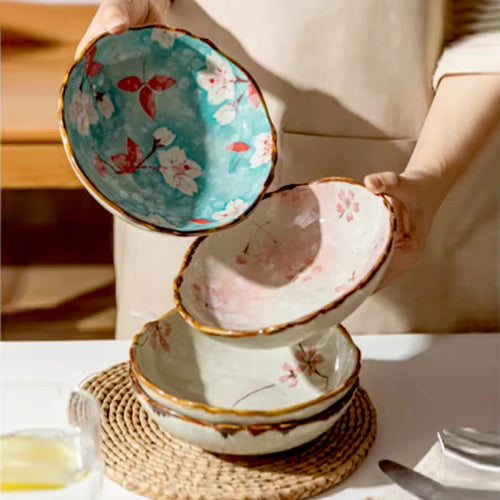 Assiettes plates profondes céramique style japonais floral 18cm