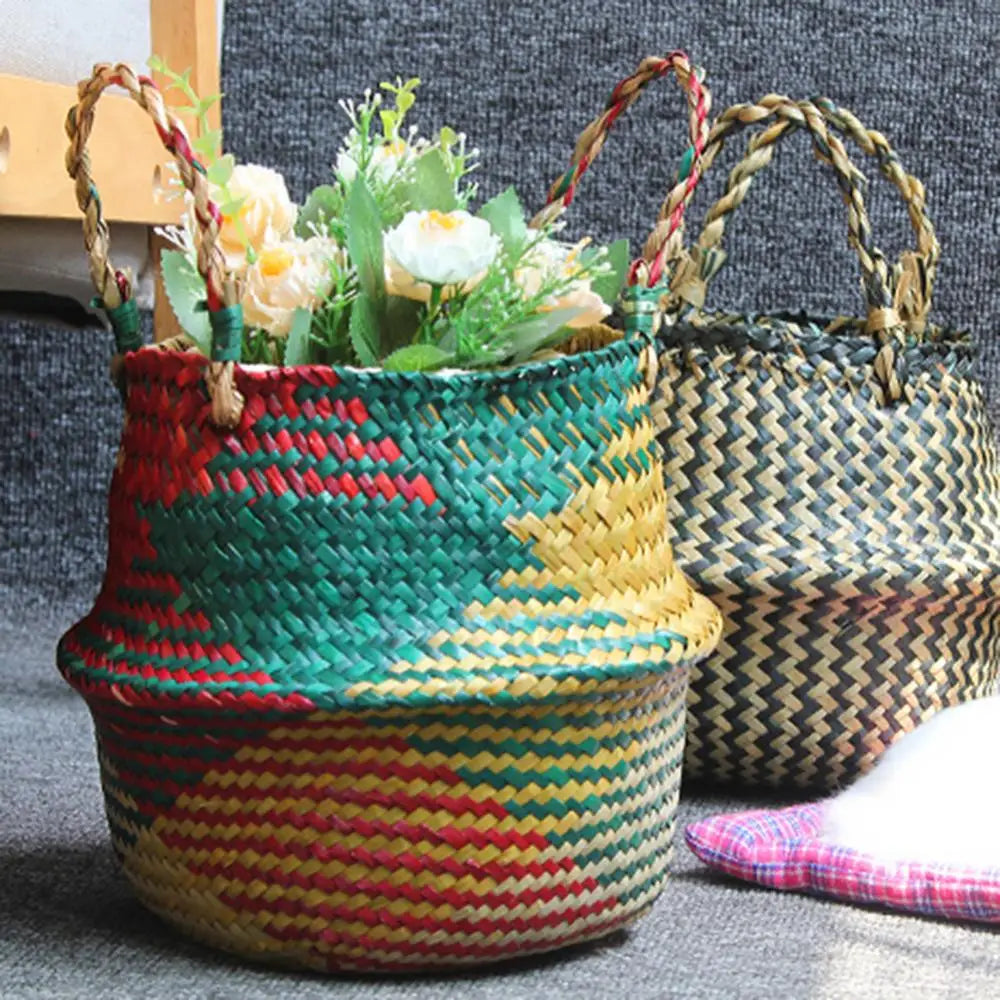 panier de rangement en paille avec poignée pliable pour jardinage - vue 5 sur 8