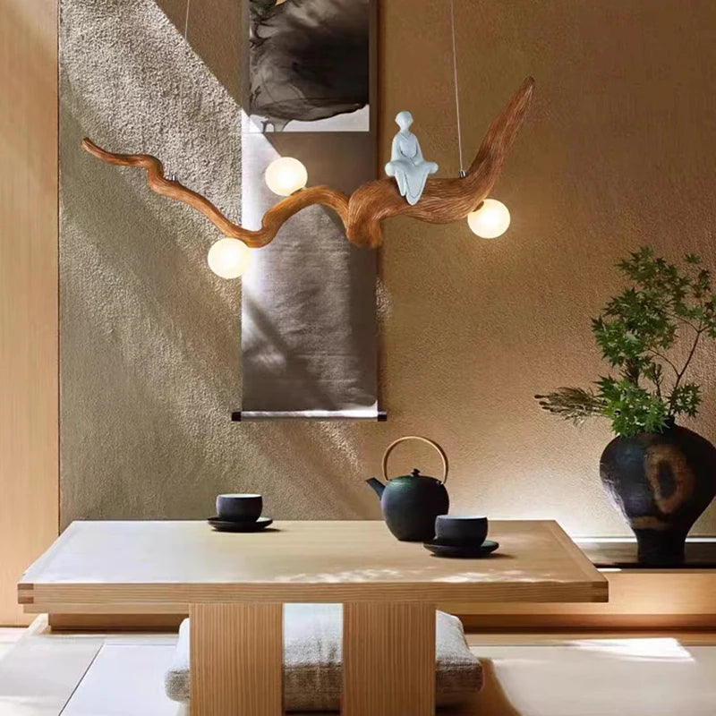 Lustre design Zen résine style bois à Branches suspension - vue 4 sur 7